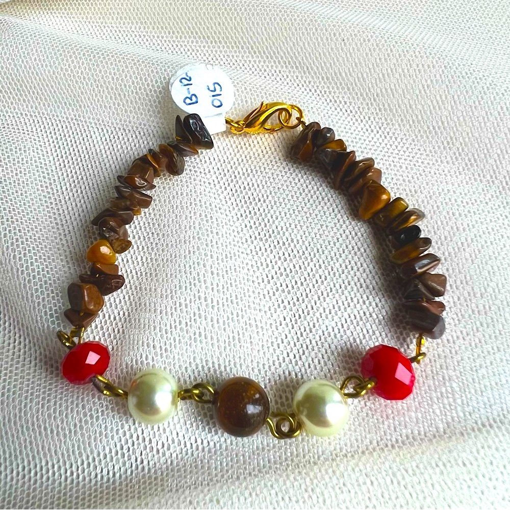 Genuine Tiger Eye Gemstone Faux Pearl & Red Crystal Bracelet - Handmade NWT - Picture 1 of 5